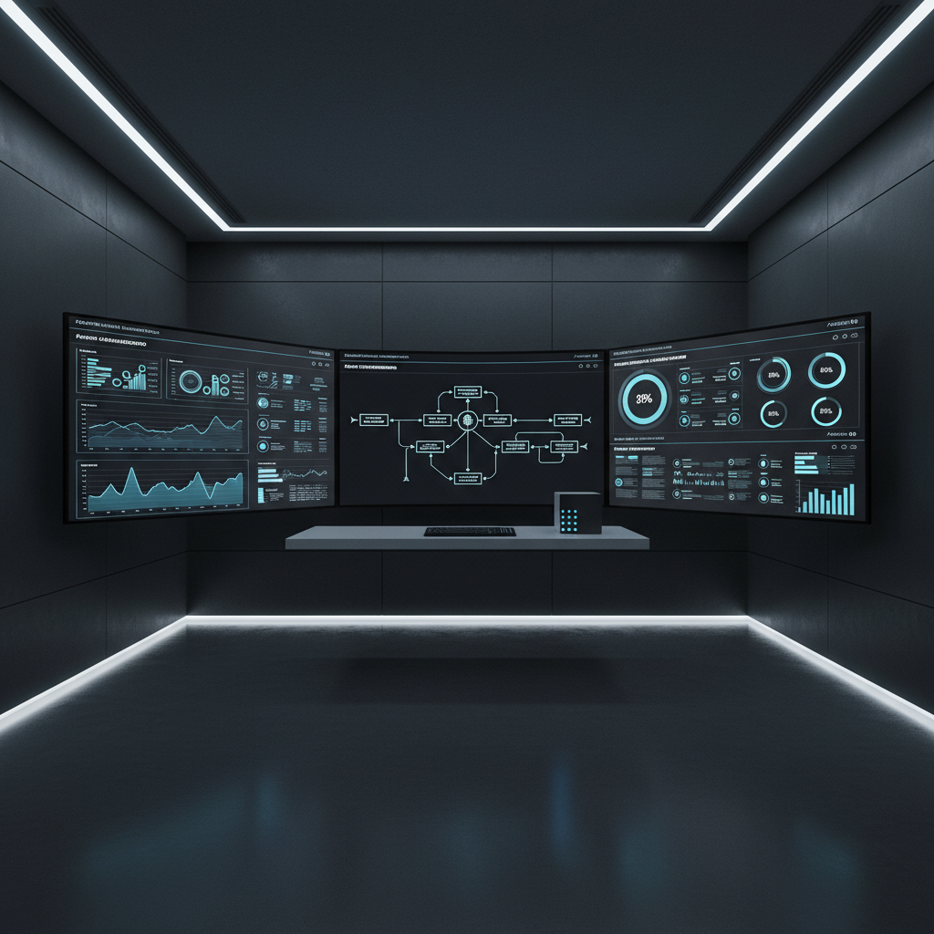 A minimalist control center featuring a curved, ultra-wide wall of high-resolution screens displaying real-time analytics, process automation flows, and AI-driven KPI dashboards in clean, modern UI designs. The screens float above a narrow, uncluttered white console holding only a sleek black keyboard and a compact server node with subtle blue status lights. The room has dark charcoal walls and a smooth, reflective floor, illuminated by cool, even indirect LED strips that emphasize the technology. Photographic realism from a slightly elevated, centered composition with strong depth, creating an organized, mission-critical mood that suggests precise monitoring, optimization, and operational excellence powered by AI.