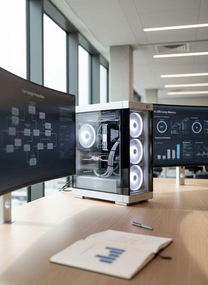 A bright, modern workspace with a central, high-end workstation tower encased in brushed aluminum and glass, revealing softly glowing internal components and cable management that looks engineered and deliberate. Three ultra-thin monitors arc around the desk, each displaying different AI automation workflows, process maps, and savings projections in clear, data-rich layouts. The desk surface is light oak with a subtle grain, perfectly tidy except for a single silver pen and a slim notebook with a printed cost-reduction chart. Natural daylight from a large side window blends with neutral white overhead lighting, creating a crisp, focused atmosphere. Photographic realism, captured from a three-quarter angle with shallow depth of field, making the monitors the focal point and symbolizing efficient, well-designed AI implementations.
