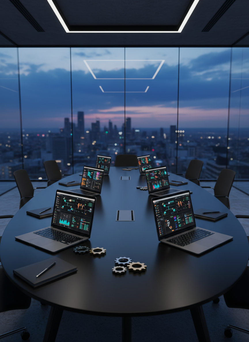 A sleek, glass-walled executive conference room dominated by a large matte-black oval table covered in open laptops displaying colorful AI dashboards, network diagrams, and automation workflows. Beside each device, neatly arranged notebooks, pens, and a few small metallic gears symbolize operational efficiency. Floor-to-ceiling windows reveal a blurred city skyline at dusk, with cool blue tones reflecting off polished concrete floors. Soft, diffused overhead LED lighting and gentle monitor glow create subtle reflections on the table’s surface. Photographic realism, shot at eye level with a slightly wide angle, sharp focus throughout, conveying a professional, forward-thinking atmosphere that communicates strategic AI consulting and modern business automation.