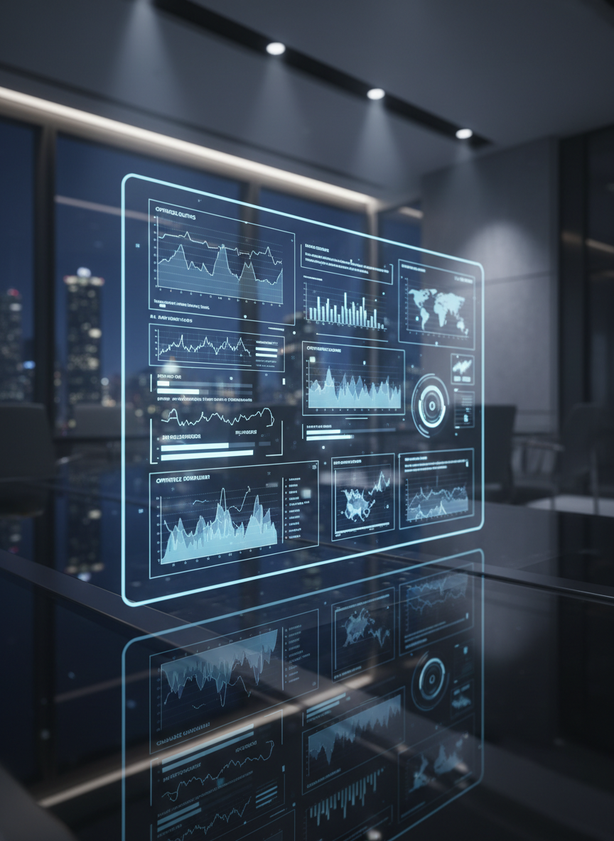 A polished, high-tech operations dashboard interface projected holographically above a dark glass tabletop, with layered graphs, automation timelines, and AI recommendations hovering in crisp blue and white lines. Beneath the transparent projection, faint reflections ripple across the glass, hinting at depth and complexity. The background fades into an elegant, out-of-focus office environment with subtle metallic and slate-gray tones. Cool, directional accent lighting from above and behind creates a dynamic rim light around the holographic elements. Photographic realism with cinematic flair, shot from a low, slightly tilted angle to emphasize scale and innovation, evoking a confident, visionary mood centered on future-ready AI consulting and automation strategy.
