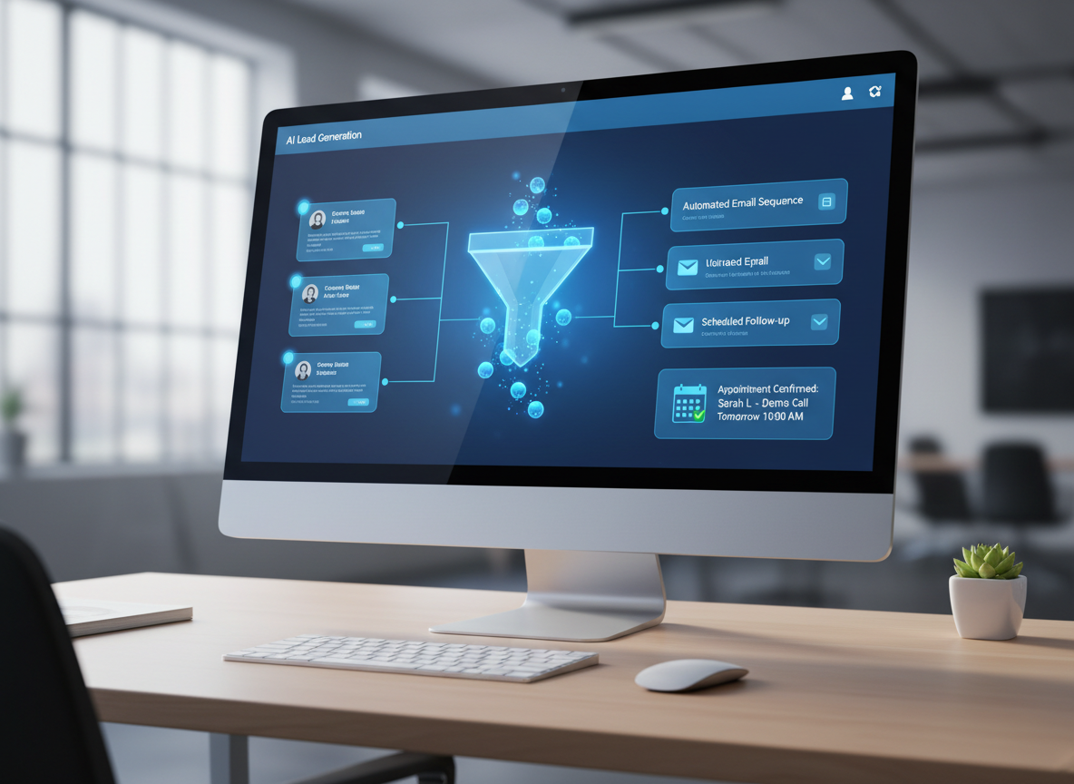A professional, modern digital illustration of AI lead generation: a sleek dashboard on a large monitor showing a funnel graphic with glowing leads flowing in, contact cards, automated email sequences, and appointment booking confirmations. Clean blue and white color palette, minimal office desk setting, photorealistic style.