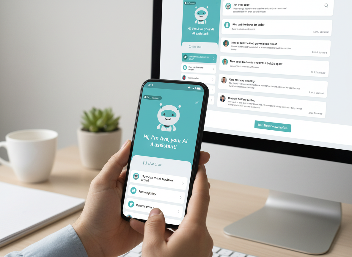 A professional, modern image of an AI customer service agent: a friendly chatbot interface on a smartphone and desktop screen simultaneously, showing live chat conversations, FAQ answers, and a 24/7 support indicator. Soft teal and white tones, clean minimal workspace background, photorealistic style.