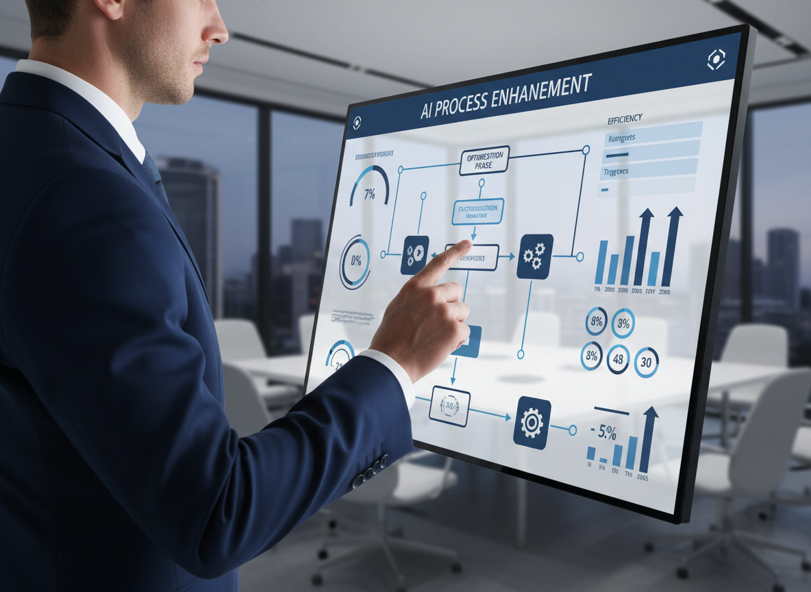 A professional, modern image representing AI process improvement consulting: a business consultant reviewing an AI-powered workflow diagram on a large touchscreen monitor, with process flowcharts, efficiency metrics, and automation triggers visualized in clean infographic style. Navy and white tones, modern conference room setting, photorealistic.