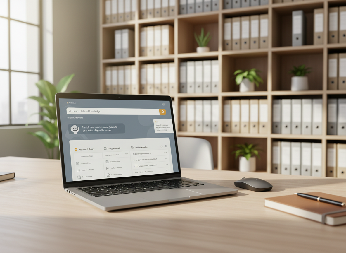 A professional, modern image of an AI knowledge base and training system: an internal AI assistant interface displayed on a laptop screen, with a document library, policy manuals, and a search bar returning instant answers. Warm neutral tones, clean modern office, open shelving with binders in the background, photorealistic style.
