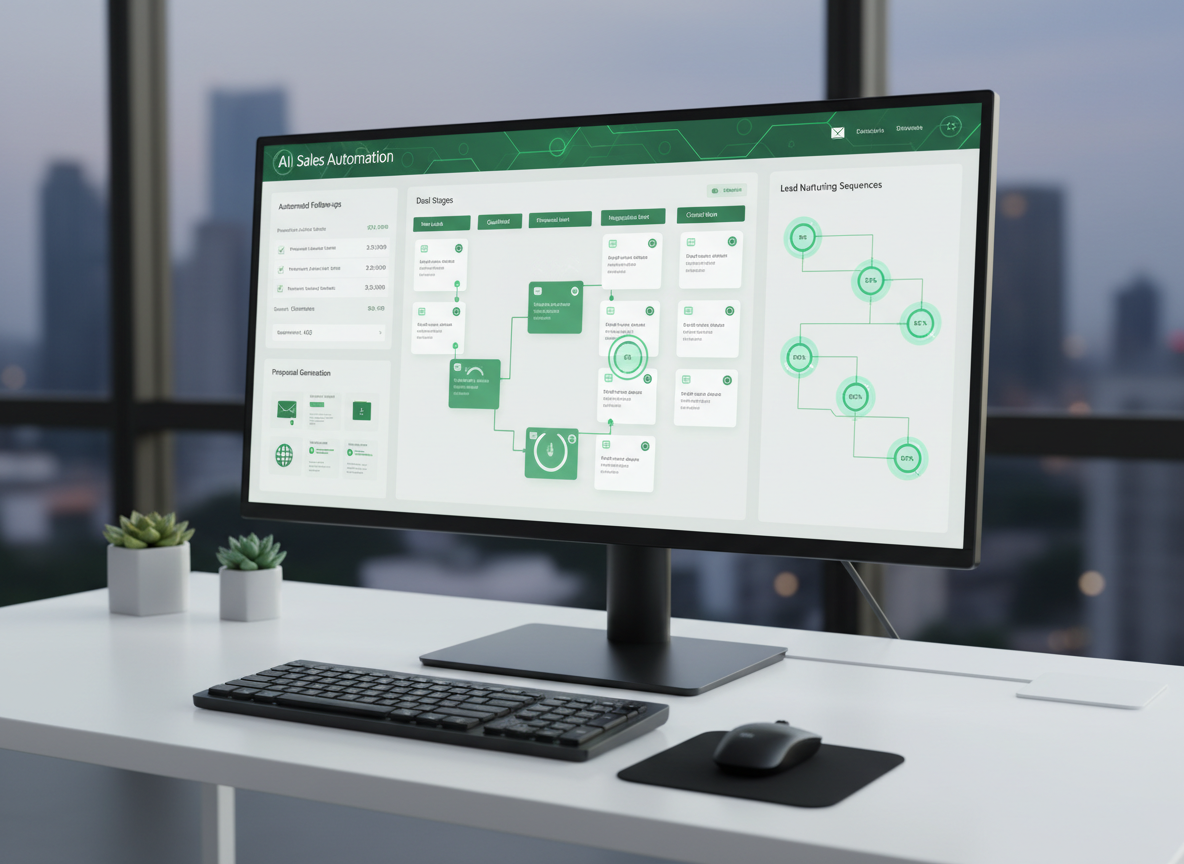 A professional, modern image of AI sales automation: a CRM pipeline dashboard on a widescreen monitor showing automated follow-up emails, proposal generation, deal stages, and lead nurturing sequences with glowing progress indicators. Green and white color palette, sleek sales office desk, photorealistic style.